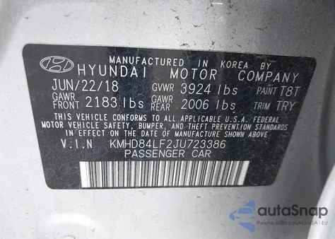 2018 Hyundai Elantra Sel z USA, uszkodzony, nr VIN KMHD84LF2JU723386